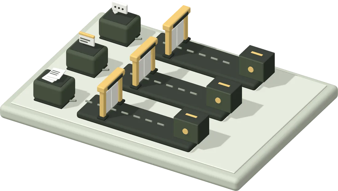 Miniatyr: tre AI-tjänster med var sin egen dörr och egen logg, samma kontroller byggda tre gånger.